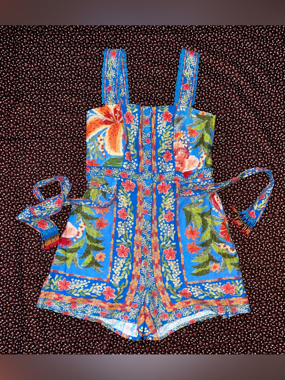 FARM Rio Blue Floral Sleeveless Romper with Tie Waist